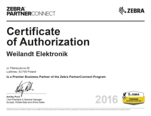 certyfikat partner biznesowy zebra dla weilandt elektronik