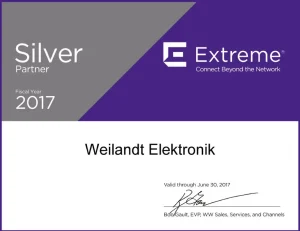 certyfikat srebrnego partnera extreme networks dla weilandt elektronik