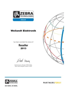 certyfikat sprzedawca zebra 2013 dla weilandt elektronik