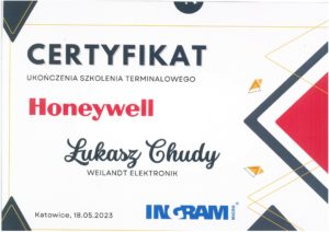 certyfikat Honeywell ukończenia szkolenia terminalowego skanerów kodów kreskowych dla Łukasza Chudy Weilandt Elektronik