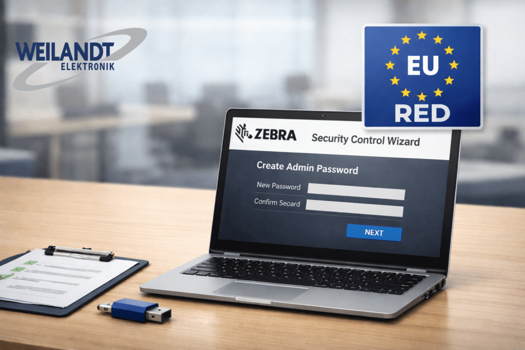 Laptop z uruchomionym kreatorem Zebra Security Control Wizard oraz oznaczeniem dyrektywy EU RED, symbolizujący zabezpieczenie i konfigurację urządzeń sieciowych